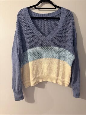 525 America Blue and Cream Open-Knit V-Neck Sweater